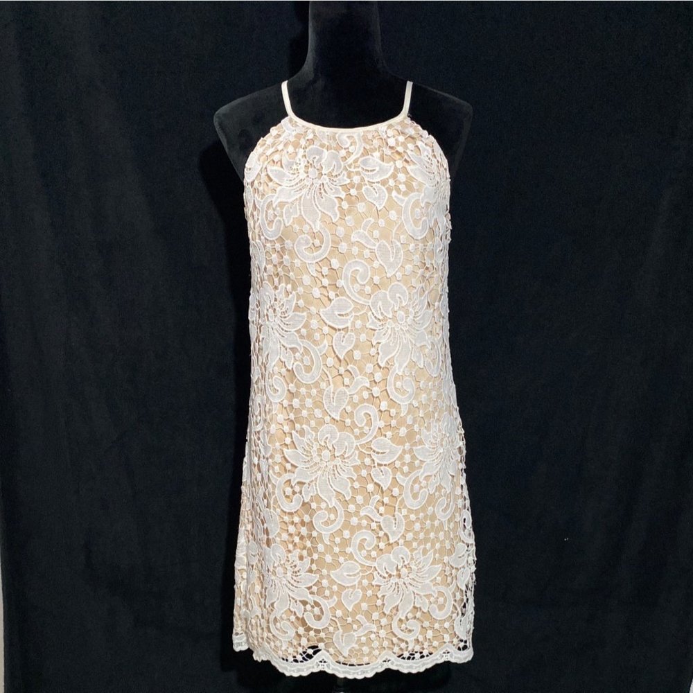 Jade M Womens Dress Party‎ Shift Off White Lace Overlay Keyhole Back Stretch